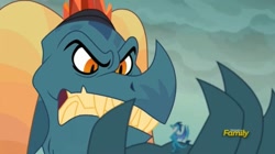 Size: 1672x933 | Tagged: safe, screencap, character:dragon lord torch, character:princess ember, species:dragon, episode:gauntlet of fire, g4, my little pony: friendship is magic, discovery family logo, duo, father and daughter, female, male, size difference