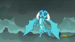 Size: 1920x1080 | Tagged: safe, screencap, character:princess ember, species:dragon, episode:gauntlet of fire, g4, my little pony: friendship is magic, claws, cloud, cloudy, discovery family logo, dragon wings, dragoness, eyes closed, fangs, female, flying, horns, open mouth, solo, spread wings, wings