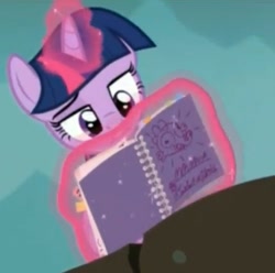 Size: 582x577 | Tagged: safe, screencap, character:twilight sparkle, character:twilight sparkle (alicorn), species:alicorn, species:pony, episode:gauntlet of fire, g4, my little pony: friendship is magic, book, cropped, female, levitation, magic, mare, notebook, telekinesis