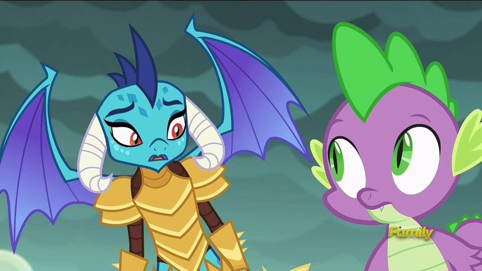 Size: 960x540 | Tagged: safe, screencap, character:princess ember, character:spike, species:dragon, episode:gauntlet of fire, g4, my little pony: friendship is magic, animated, discovery family logo, dragon armor, talking