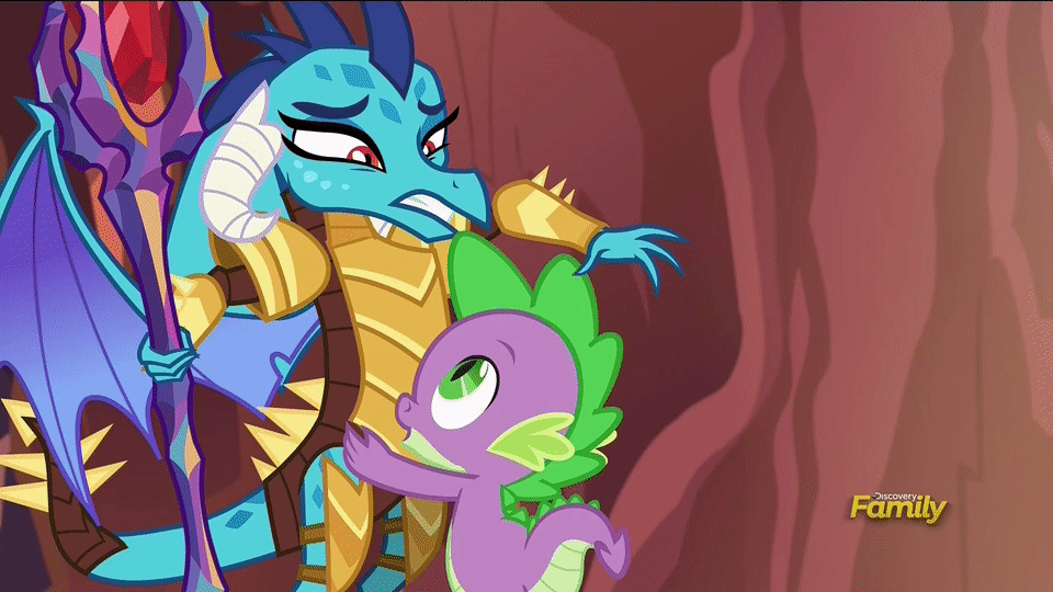 Size: 960x540 | Tagged: safe, screencap, character:princess ember, character:spike, species:dragon, episode:gauntlet of fire, g4, my little pony: friendship is magic, animated, bloodstone scepter, discovery family logo, dragon armor, dragon lord ember, hug, it's called a hug, shipping fuel, talking
