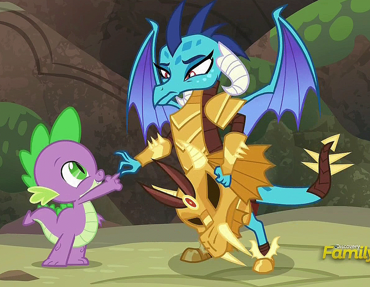 Size: 1194x926 | Tagged: safe, screencap, character:princess ember, character:spike, species:dragon, episode:gauntlet of fire, g4, my little pony: friendship is magic, animated, armor, cute, dragon armor, frown, glare, handshake, loop, smiling, teamwork
