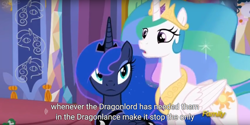 Size: 1920x960 | Tagged: safe, screencap, character:princess celestia, character:princess luna, episode:gauntlet of fire, g4, my little pony: friendship is magic, discovery family logo, dragonlance, meme, youtube caption