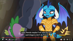 Size: 853x479 | Tagged: safe, screencap, character:princess ember, character:spike, species:dragon, episode:gauntlet of fire, g4, my little pony: friendship is magic, discovery family logo, dragon armor, french, meme, spoiler, youtube, youtube caption