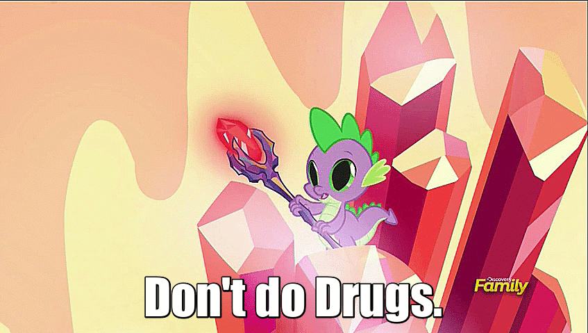 Size: 847x479 | Tagged: safe, screencap, character:spike, episode:gauntlet of fire, g4, my little pony: friendship is magic, animated, bloodstone scepter, bloodstoned spike, discovery family logo, don't do drugs, dragon lord spike, drugs are bad mmmkay?, meme, stare