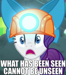 Size: 480x540 | Tagged: safe, screencap, character:rarity, episode:gauntlet of fire, g4, my little pony: friendship is magic, bow, cannot unsee, caption, helmet, image macro, looking at you, meme, mining helmet, open mouth, reaction image, shocked, solo, surprised