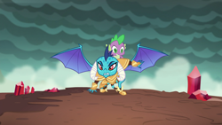 Size: 1920x1080 | Tagged: safe, screencap, character:princess ember, character:spike, species:dragon, episode:gauntlet of fire, g4, my little pony: friendship is magic, armor, crystal, dragon armor, dragoness, dragons riding dragons, duo, female, male, riding, spread wings, superhero landing, wings