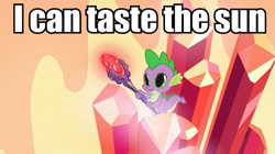 Size: 695x390 | Tagged: safe, screencap, character:spike, episode:gauntlet of fire, g4, my little pony: friendship is magic, bloodstone scepter, bloodstoned spike, clone high, dilated pupils, dragon lord spike, image macro, meme, solo