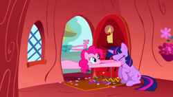 Size: 1920x1080 | Tagged: safe, screencap, character:pinkie pie, character:twilight sparkle, episode:the ticket master, g4, my little pony: friendship is magic, golden oaks library, grabbing, pinkie being pinkie, pinkie physics, sitting, stretchy