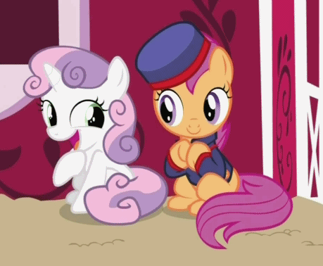 Size: 459x378 | Tagged: safe, screencap, character:scootaloo, character:sweetie belle, species:pegasus, species:pony, species:unicorn, episode:family appreciation day, g4, my little pony: friendship is magic, animated, cute, cutealoo, diasweetes, duo, female, filly, gif, hoof rubbing, laughing, rubbing hooves, scootagram, sitting