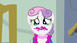 Size: 1280x720 | Tagged: safe, screencap, character:sweetie belle, episode:for whom the sweetie belle toils, 5-year-old sweetie belle, clothing, crying, lipstick, makeup, necklace, pearl necklace