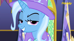 Size: 1600x900 | Tagged: safe, screencap, character:trixie, species:pony, species:unicorn, episode:no second prances, g4, my little pony: friendship is magic, discovery family logo, dreamworks face, female, mare, no second glances