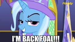 Size: 1600x900 | Tagged: safe, screencap, character:trixie, species:pony, species:unicorn, episode:no second prances, g4, my little pony: friendship is magic, female, grin, image macro, mare, meme, no second glances, smirk, solo, trixie yells at everything