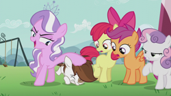 Size: 1280x720 | Tagged: safe, screencap, character:apple bloom, character:diamond tiara, character:pipsqueak, character:scootaloo, character:sweetie belle, species:earth pony, species:pegasus, species:pony, episode:crusaders of the lost mark, g4, my little pony: friendship is magic, colt, cutie mark crusaders, domination, male, underhoof