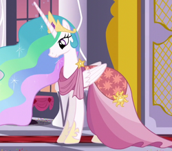 Size: 600x525 | Tagged: safe, screencap, character:princess celestia, species:alicorn, species:pony, episode:make new friends but keep discord, g4, my little pony: friendship is magic, beautiful, clothing, crown, dress, ethereal mane, female, flowing mane, folded wings, gala dress, hoof shoes, jewelry, looking down, mare, multicolored hair, outfit catalog, regalia, smiling, solo, sparkling mane