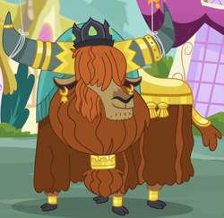 Size: 538x523 | Tagged: safe, screencap, character:prince rutherford, species:yak, episode:party pooped, g4, my little pony: friendship is magic, cloven hooves, cropped, crown, ear piercing, earring, horn ring, jewelry, male, piercing, regalia, solo