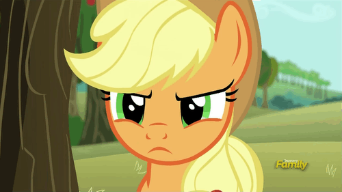 Size: 500x281 | Tagged: safe, screencap, character:applejack, species:earth pony, species:pony, episode:no second prances, g4, my little pony: friendship is magic, >:c, angry, animated, applejack is not amused, applejack's hat, clothing, cowboy hat, discovery family logo, female, frown, hat, mare, solo