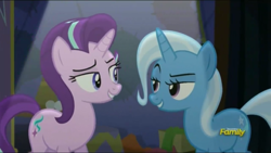 Size: 1600x900 | Tagged: safe, screencap, character:starlight glimmer, character:trixie, species:pony, species:unicorn, episode:no second prances, g4, my little pony: friendship is magic, counterparts, discovery family logo, female, mare, raised eyebrow, twilight's counterparts