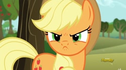 Size: 960x538 | Tagged: safe, screencap, character:applejack, species:earth pony, species:pony, episode:no second prances, g4, my little pony: friendship is magic, >:c, angry, apple tree, applejack is not amused, cute, discovery family logo, frown, madorable, solo, sweet apple acres, tree