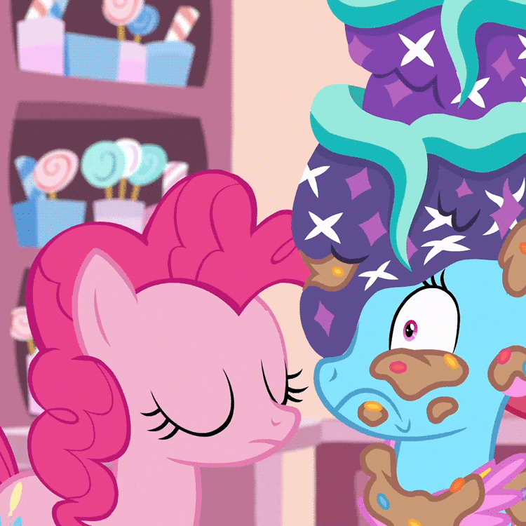 Size: 750x750 | Tagged: safe, screencap, character:cup cake, character:pinkie pie, episode:no second prances, g4, my little pony: friendship is magic, animated, apron, cake, clothing, crumbs, eye scream, eyeball, eyeball licking, face licking, food, licking, licking ponies, personal space invasion, sugarcube corner, swallowing, tongue out, unimpressed, worming