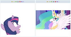 Size: 514x274 | Tagged: safe, artist:ethaes, screencap, character:princess celestia, character:twilight sparkle, species:pony, derpibooru, episode:no second prances, episode:the crystal empire, g4, my little pony: friendship is magic, female, juxtaposition, mare, meta, open mouth, simple background, solo, tongue out, transparent background, varying degrees of want, vector
