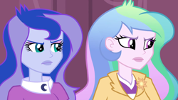 Size: 1280x720 | Tagged: safe, screencap, character:princess celestia, character:princess luna, character:principal celestia, character:vice principal luna, equestria girls:friendship games, g4, my little pony:equestria girls, celestia is not amused, duo, luna is not amused, offended, unamused, vice principal luna