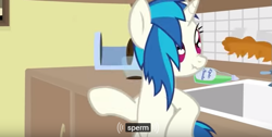 Size: 763x384 | Tagged: safe, screencap, character:dj pon-3, character:vinyl scratch, food, meme, pie, scrunchy face, solo, vulgar, youtube caption, youtube link