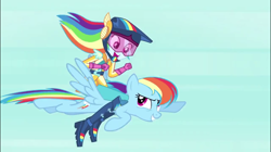 Size: 856x479 | Tagged: safe, screencap, character:rainbow dash, species:pegasus, species:pony, equestria girls:friendship games, g4, my little pony:equestria girls, awesome, blooper, deleted scene, double rainbow, duo, female, flying, friendship games bloopers, human ponidox, humans riding ponies, mare, my little pony, self ponidox