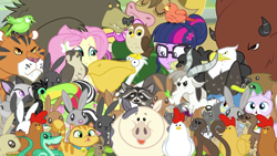 Size: 1280x720 | Tagged: safe, screencap, character:angel bunny, character:constance, character:fluttershy, character:harry, character:twilight sparkle, character:twilight sparkle (scitwi), species:bat, species:bird, species:buffalo, species:chicken, species:cow, species:dog, species:duck, species:eqg human, species:goat, species:mallard, species:owl, species:rabbit, species:sheep, equestria girls:friendship games, g4, my little pony:equestria girls, animal portal, bald eagle, bear, beaver, bessie, big cat, blooper, cat, chipmunk, derp cat, eagle, falcon, flamingo, friendship games bloopers, keel-billed toucan, monkey, mouse, otter, pelican, peregrine falcon, pig, raccoon, skunk, snake, squirrel, tiger, toucan
