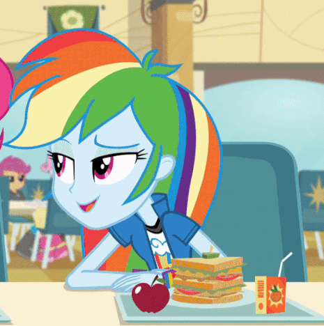Size: 465x468 | Tagged: safe, screencap, character:rainbow dash, character:scootaloo, character:sweetie belle, species:pegasus, species:pony, equestria girls:rainbow rocks, g4, my little pony:equestria girls, animated, apple, cropped, cute, food, juice, orange juice, sandwich, solo focus