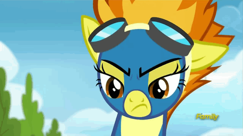 Size: 500x281 | Tagged: safe, screencap, character:spitfire, episode:newbie dash, g4, my little pony: friendship is magic, angry, animated, blinking, cute, cutefire, discovery family logo, goggles, solo, unamused, wonderbolts uniform