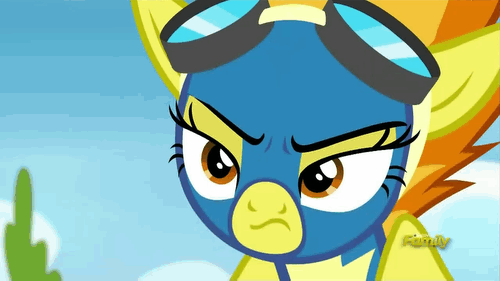 Size: 500x281 | Tagged: safe, screencap, character:spitfire, episode:newbie dash, g4, my little pony: friendship is magic, angry, animated, cute, cutefire, discovery family logo, goggles, solo, unamused, wonderbolts uniform