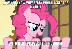 Size: 800x546 | Tagged: safe, screencap, character:berry punch, character:berryshine, character:pinkie pie, species:earth pony, species:pony, episode:a friend in deed, g4, my little pony: friendship is magic, alcoholics anonymous, bad pun pinkie pie, extra legs, image macro, limbs, meme, pun, rehab, sleipnir, solo, spider, twelve-step program