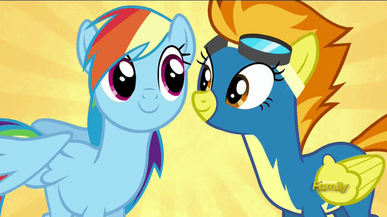 Size: 557x313 | Tagged: safe, screencap, character:rainbow dash, character:spitfire, species:pegasus, species:pony, episode:newbie dash, g4, my little pony: friendship is magic, animated, cute, cutefire, dashabetes, discovery family logo, duo, excited, sunburst background, wonderbolts uniform