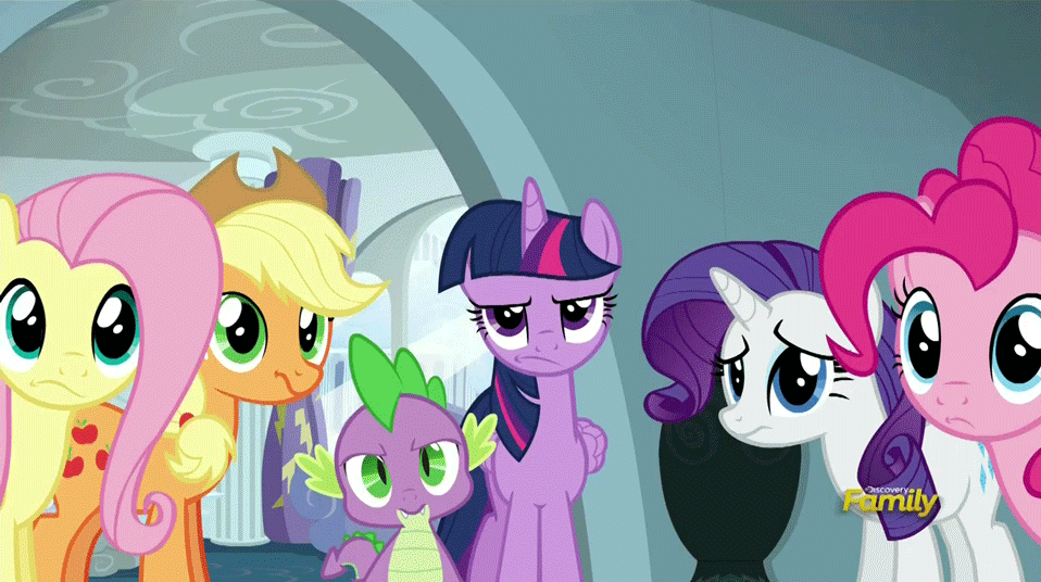 Size: 958x536 | Tagged: safe, screencap, character:applejack, character:fluttershy, character:pinkie pie, character:rarity, character:spike, character:twilight sparkle, character:twilight sparkle (alicorn), species:alicorn, species:pony, episode:newbie dash, g4, my little pony: friendship is magic, animated, disapproval, discovery family logo, female, grumpy, grumpy twilight, mare, unamused, vase