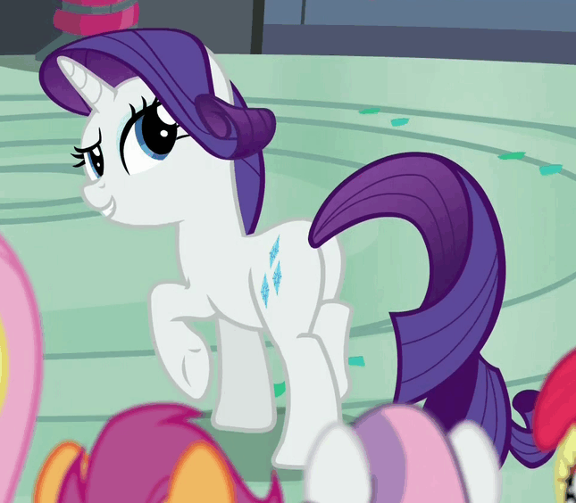 Size: 645x564 | Tagged: safe, screencap, character:apple bloom, character:fluttershy, character:rarity, character:scootaloo, character:sweetie belle, species:pegasus, species:pony, episode:newbie dash, g4, my little pony: friendship is magic, animated, eyebrow wiggle, female, looking back, loop, mare, plot, raised eyebrow, rearity