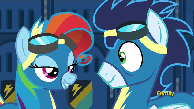 Size: 634x356 | Tagged: safe, screencap, character:rainbow dash, character:soarin', species:pony, episode:newbie dash, g4, my little pony: friendship is magic, animated, discovery family logo, eye flutter, flirty, loop, rainbow fash, shipping fuel, wonderbolts uniform