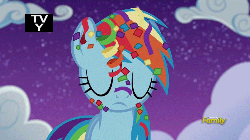 Size: 958x537 | Tagged: safe, screencap, character:rainbow dash, episode:newbie dash, g4, my little pony: friendship is magic, animated, confetti, cute, dashfetti, discovery family logo, eye contact, floppy ears