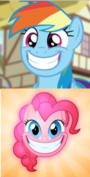 Size: 571x1118 | Tagged: safe, artist:misterdavey, screencap, character:pinkie pie, character:rainbow dash, episode:newbie dash, g4, my little pony: friendship is magic, comparison, grin, smile hd, smiling