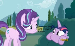 Size: 867x529 | Tagged: safe, screencap, character:starlight glimmer, character:twilight sparkle, character:twilight sparkle (alicorn), species:alicorn, species:pony, episode:no second prances, g4, my little pony: friendship is magic, annoyed, bush, discovery family logo, everything is ruined, female, frown, gaming, glare, hiding, mare, meta, minecraft, open mouth, ponycraft, pure unfiltered evil, smiling, twilight bushel, wide eyes