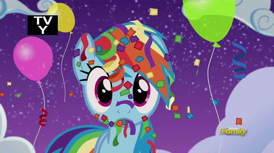 Size: 960x538 | Tagged: dead source, source needed, useless source url, safe, screencap, character:rainbow dash, episode:newbie dash, g4, my little pony: friendship is magic, animated, balloon, confetti, cute, dashfetti, discovery family logo, frown, looking at you, mouth hold, night, open mouth, tv-y, wide eyes