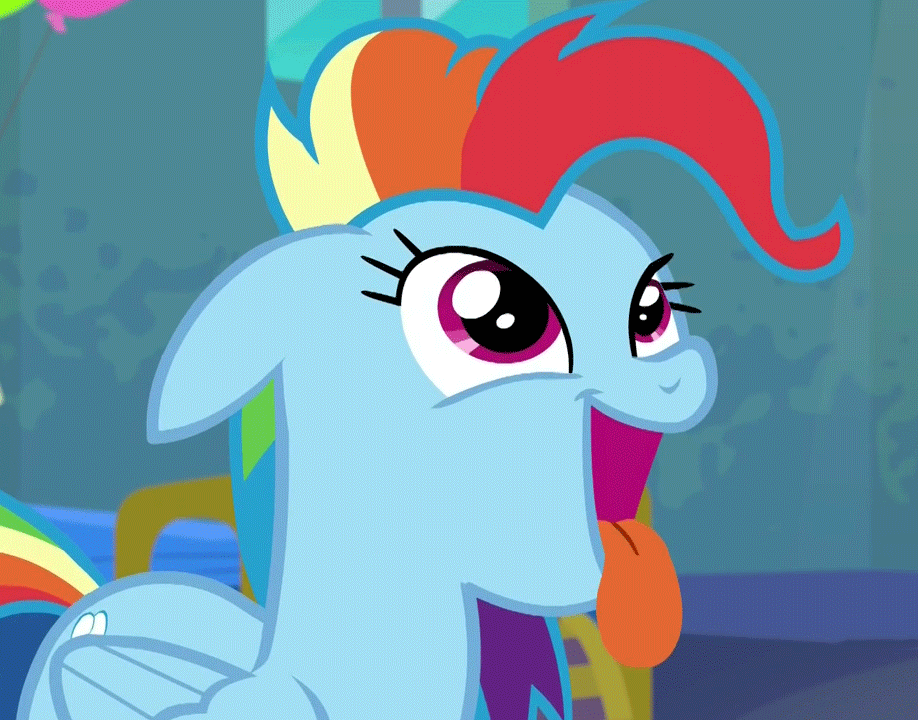 Size: 918x720 | Tagged: safe, screencap, character:rainbow dash, species:pegasus, species:pony, episode:newbie dash, g4, my little pony: friendship is magic, animated, behaving like a dog, behaving like pinkie pie, cute, dashabetes, discovery family logo, dynamic dash, female, floppy ears, loop, mare, open mouth, panting, silly, silly pony, smiling, solo, tongue out
