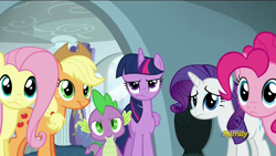 Size: 1920x1080 | Tagged: safe, screencap, character:applejack, character:fluttershy, character:pinkie pie, character:rarity, character:spike, character:twilight sparkle, character:twilight sparkle (alicorn), species:alicorn, species:pony, episode:newbie dash, g4, my little pony: friendship is magic, disappointed, discovery family logo, female, frown, grumpy, grumpy twilight, mare
