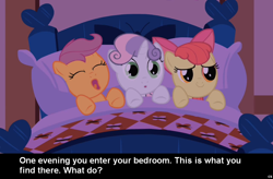 Size: 1024x672 | Tagged: safe, screencap, character:apple bloom, character:scootaloo, character:sweetie belle, species:pegasus, species:pony, bed, bronybait, caption, cs captions, cutie mark crusaders, meme, what do, yawn
