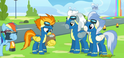 Size: 1920x896 | Tagged: safe, screencap, character:rainbow dash, character:silver lining, character:spitfire, species:pegasus, species:pony, episode:newbie dash, g4, my little pony: friendship is magic, clipboard, discovery family logo, female, liquid rainbow, male, mare, rainbow waterfall, reading rainboom, stallion, wind waker (character), wing hands, wonderbolts, wonderbolts uniform