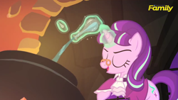 Size: 1280x720 | Tagged: safe, screencap, character:snowfall frost, character:starlight glimmer, episode:a hearth's warming tail, g4, my little pony: friendship is magic, cauldron, clothing, discovery family logo, eyes closed, glasses, levitation, magic, open mouth, smiling, solo, telekinesis