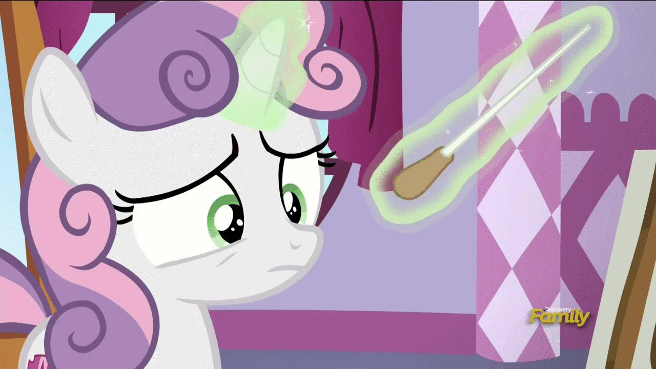Size: 1280x720 | Tagged: safe, screencap, character:sweetie belle, episode:on your marks, g4, my little pony: friendship is magic, angry, animated, baton, conductor's baton, discovery family logo, frown, glowing horn, magic, solo, sweetie belle is not amused, the cmc's cutie marks, unamused