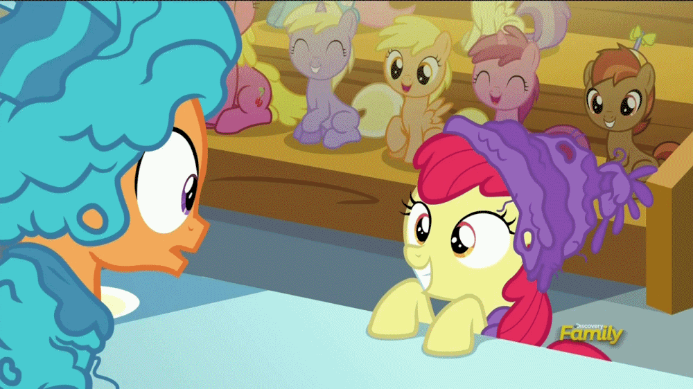 Size: 1000x562 | Tagged: safe, screencap, character:apple bloom, character:button mash, character:carrot top, character:cherry berry, character:dinky hooves, character:doctor whooves, character:golden harvest, character:lily, character:lily valley, character:roseluck, character:ruby pinch, character:tender taps, character:time turner, species:earth pony, species:pony, episode:on your marks, g4, my little pony: friendship is magic, animated, audience, cheering, clapping, colt, crochet, cutie mark, cutiespark, dancing, discovery family logo, excited, grin, happy, horse noises, male, smiling, stage, stallion, the cmc's cutie marks, victory dance