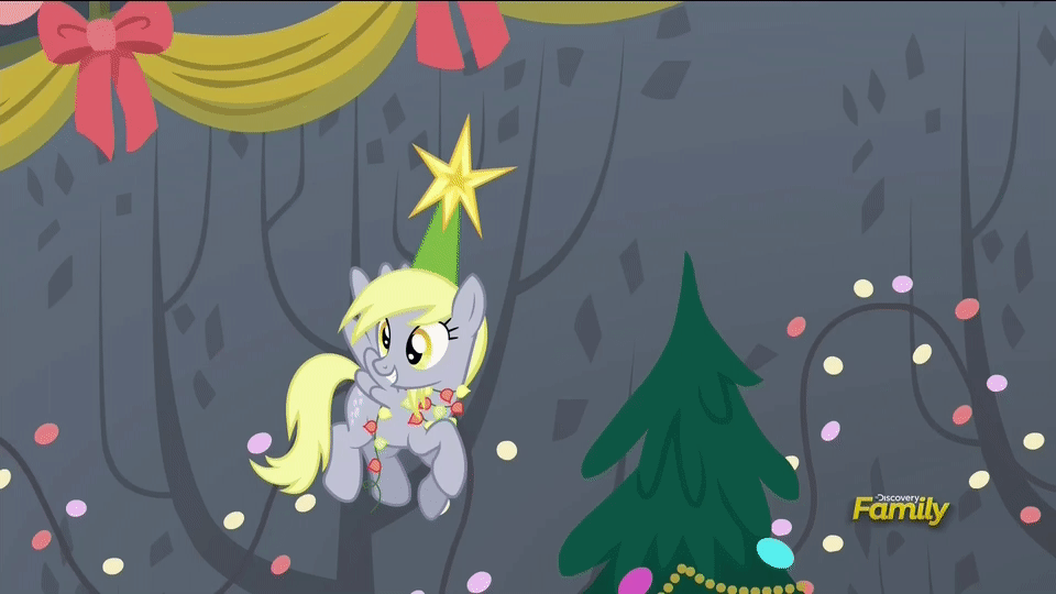 Size: 960x540 | Tagged: safe, screencap, character:derpy hooves, species:pegasus, species:pony, episode:a hearth's warming tail, g4, my little pony: friendship is magic, animated, christmas tree, cute, derpabetes, derpy doing derpy things, derpy star, discovery family logo, female, grin, mare, open mouth, sitting, smiling, solo, spread wings, tree, wings