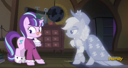 Size: 546x292 | Tagged: safe, screencap, character:applejack, character:snowfall frost, character:starlight glimmer, species:pony, species:unicorn, episode:a hearth's warming tail, g4, my little pony: friendship is magic, discovery family logo, duo, pince-nez, spats, spirit, spirit of hearth's warming past